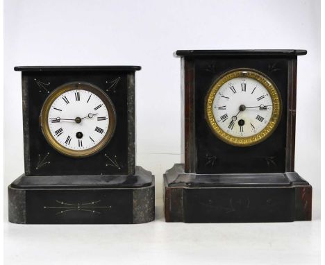 A Victorian black slate and rouge marble cased mantel clock, of typical form, having an enamelled dial with Roman numerals an