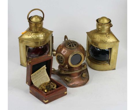 A pair of nautical style copper lanterns, one labelled port and one starboard,height 25cm, together with a brass model of an 