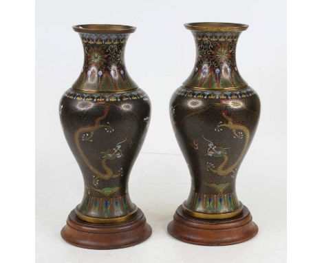 A pair of Chinese cloisonne vases of upper baluster form having recessed neck and flared rim, each decorated with five clawed