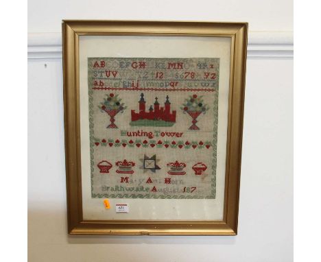 A Victorian woolwork alphabet and picture sampler titled Hunting Tower, worked by Mary Braithwaite August 187?, within later 