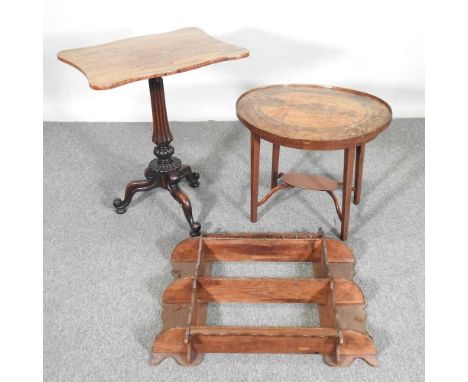 A Victorian tripod table, together with a marquetry occasional table and a three tier wall shelf (3)