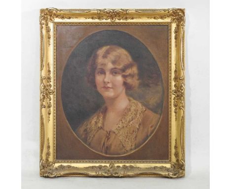 English school, circa 1930, head and shoulders portrait of a lady, signed indistinctly, oil on canvas, 61 x 50cm