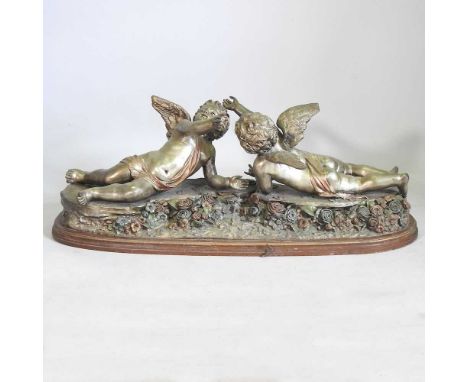 S. Keliam, 20th century, a large bronze sculpture of two cherubs, on a plinth base, signed, 135cm wide