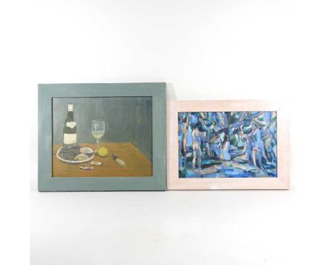 After Henri Matisse, figures, acrylic on board, 24 x 36cm, together with English school, 20th century, still life on a table,