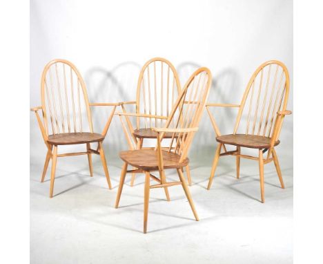A set of four 1970's Ercol light elm hoop back Windsor armchairs (4)