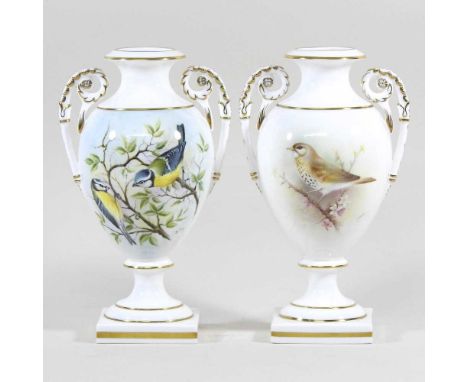 A pair of Royal Worcester porcelain vases, each of twin handled baluster shape, painted with a thrush and a blue tit, by Sall