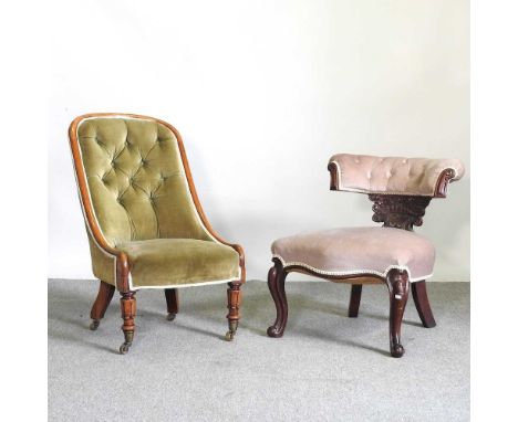 A Victorian green upholstered button back armchair, together with a 19th century cock fighting chair (2)