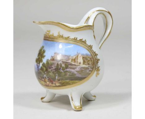 A 19th century Meissen style porcelain cream jug, reserved with a Veduta landscape, within a gilt border, crossed swords to b