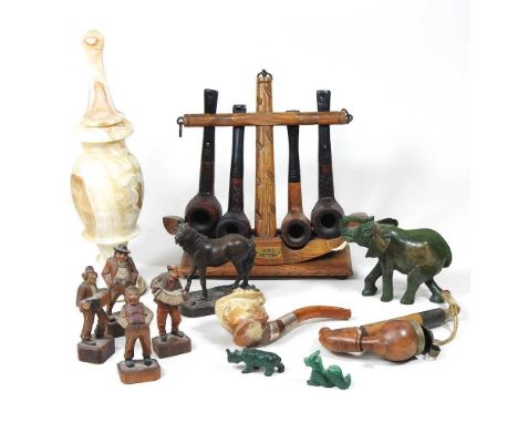 A hardstone vase and cover, 26cm high, together with a pipe stand, collection of pipes, small carvings and cufflinks