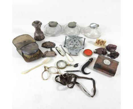 A pair of 19th century gilt folding lorgnettes, together with a vintage AA motorcar badge, Japanese netsuke, a silver pepper 