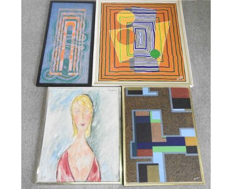 Brian Hall, 20th century, abstract, oil on canvas, 86 x 72cm, with two others by the same hand and after Modigliani, portrait