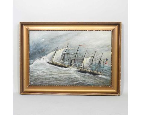 English school, 19th century, schooner in heavy weather, signed with initials R P, oil on canvas, 40 x 60cm