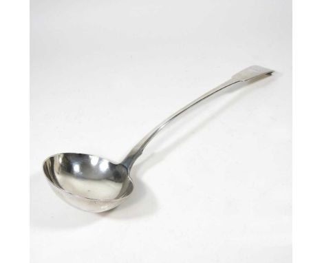 A George III silver fiddle pattern serving ladle, London 1790, 169g, engraved with a monogram, 34cm long