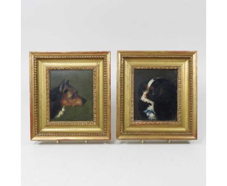 English school, 19th century, head of a terrier, oil on board, together with another, each 11 x 9cm (2)Overall complete. Some