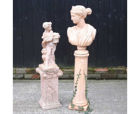 A terracotta portrait bust, on a column base, 110cm high, together with a terracotta figure on a square column (2)