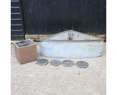 A galvanised corner trough, together with a planter and four trivets118w x 66d x 37h cm 