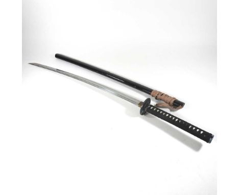 A modern Japanese sword, with a curved blade and bound grip, in scabbard, 104cm longOverall condition is complete. Slight rus