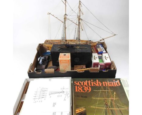 An early 20th century Frena patent box camera, stamped R &amp; J Beck Ltd, 30cm wide, together with a model ship, model cars 