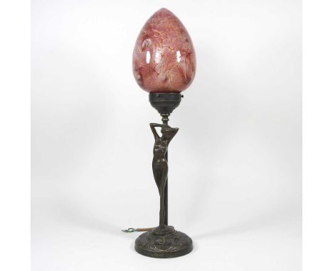 An Art Nouveau style table lamp, with a mottled glass shade, 47cm high