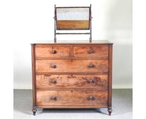 A George III mahogany chest of drawers, 120cm wide, together with a 19th century toiletry mirror (2)120w x 58d x 108h cmOvera