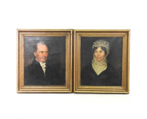 English school, 19th century, head and shoulders portrait of a gentleman, together with the companion of a lady wearing a whi