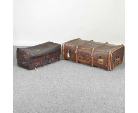 A 19th century leather case, with a fitted interior, 92cm, together with an early 20th century wooden bound trunk (2)92w x 55