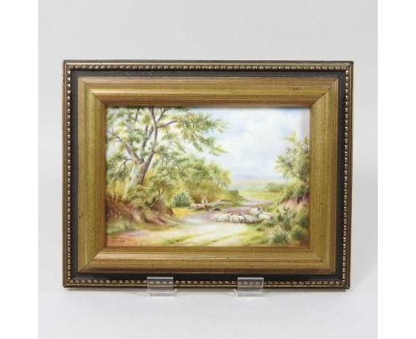 A Royal Worcester porcelain plaque, mid 20th century, painted with a landscape, signed David J Buckle, 123 x 17cm, framed