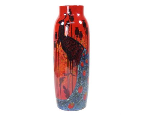 A Royal Doulton sung vase, of slender form, decorated with a Peacock by Arthur Eaton and Charles Noke, printed and impressed 