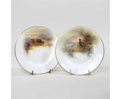 A Royal Worcester cabinet plate, painted with highland cattle by Harry Stinton, printed marks, 16cm diameter, together with a