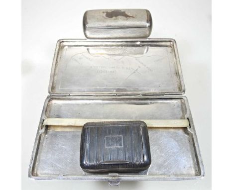 An Indian white metal pocket cigarette case, engraved to the inside with USA petrol line, Chittagong, India 1945-46, 14cm wid