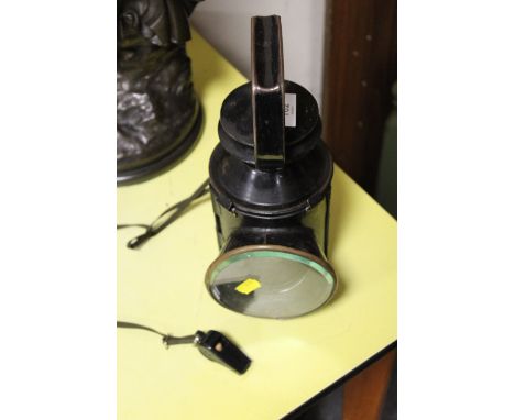 A VINTAGE STYLE RAILWAY LAMP WITH WHISTLE - LAMP STAMPED BR