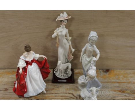 A ROYAL DOULTON FIGURINE 'SARA', TOGETHER WITH A LLADRO AND A NAO FIGURE PLUS ANOTHER (4)