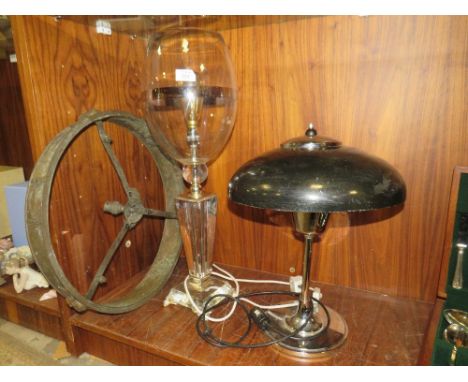 A MID CENTURY RETRO MUSHROOM TOP DESK LAMP, TOGETHER WITH AN ANTIQUE CHERUBIC BRASS CEILING LIGHT FRAME AND A GLASS ART DECO 