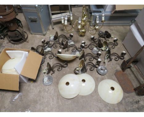 TWELVE BRONZED BRASS TIFFANY STYLE WALL LIGHTS WITH GLASS CONICAL SHADES TOGETHER WITH A MODERN BRASS EFFECT CHANDELIER