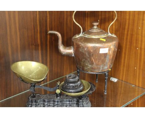 VICTORIAN COPPER KETTLE ON STAND AND KITCHEN SCALES WITH WEIGHTS