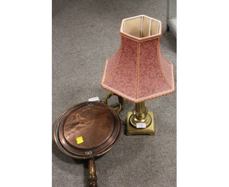 A VINTAGE BRASS COLUMN LAMP TOGETHER WITH A COPPER WARMING PAN