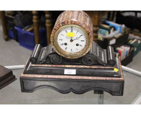 A CIRCULAR TOP SLATE MANTLE CLOCK - GLASS A/F TOGETHER WITH AN OAK CASED MANTLE CLOCK (2)