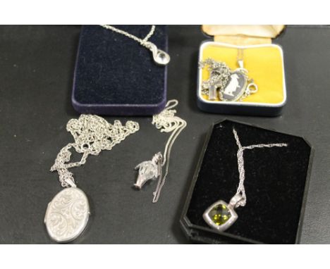 LARGE SILVER LOCKET AND CHAIN TOGETHER WITH FIVE SILVER NECKLACES 