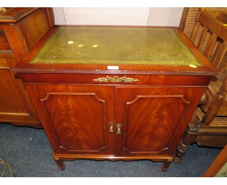 A REPRODUCTION LEATHER TOPPED CABINET AND A FIRESCREEN (2)