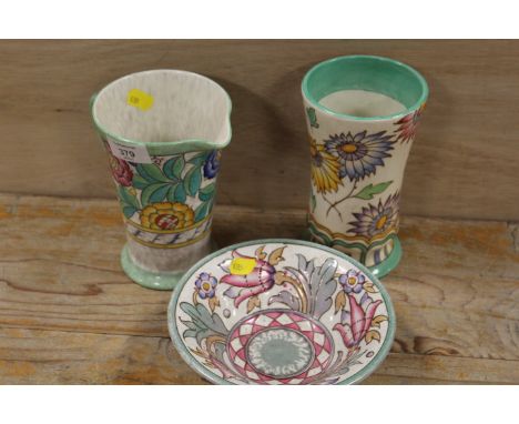 A VINTAGE CHARLOTTE RHEAD JUG, BOWL AND VASE (3)