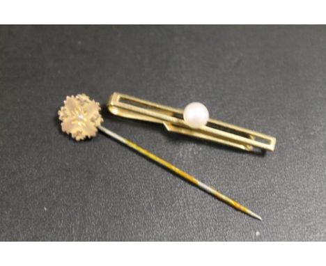 A 9CT GOLD CHESTER HALLMARKED STICK PIN TOGETHER WITH A PLATED EXAMPLE (2)