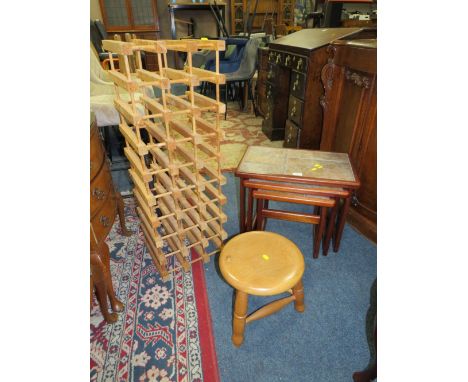 A MID CENTURY TILE TOP NEST OF TABLE TOGETHER WITH A STOOL AND A WINE RACK (3)