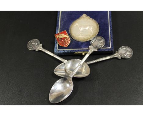 THREE HALLMARKED SILVER EQUESTRIAN THEMED TEASPOONS TOGETHER WITH A NATIONAL HUNTER SHOW MEDAL AND AN EQUESTRIAN OLYMPIC GAME