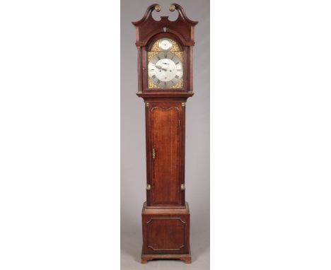 A George III oak longcase clock by John Huggin, Ashwell Thorp. The brass 12inch dial having Roman numeral hour markers, Arabi