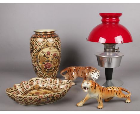 A Large ceramic oriental vase &amp; bowl, a pair of ceramic tigers etc.  