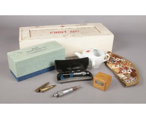A small quantity of miscellaneous. Vintage Wooden First Aid box, B.P.M Universal Bellows unit (boxed), Moore &amp; Wright Mic
