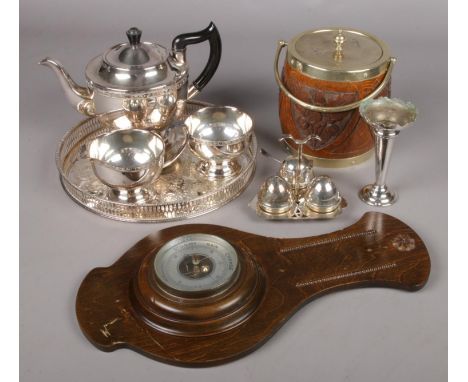 A collection of mainly metalwares. Includes Viners Alpha Plate tea set, carved oak barrel, specimen vase, cruet and barometer