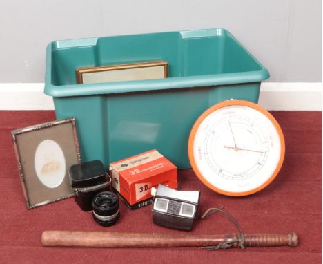 A box of miscellaneous. View-master 3-Dimension viewer model E (boxed), vintage postcards, Komura uni auto cased lens etc  