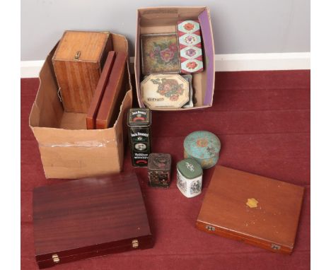 Two boxes of vintage tins and boxes. Including canteen cases, Glenfiddich tin, etc.  