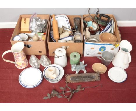 Three boxes of mostly vintage kitchenalia. Including jelly moulds, jugs, enamel examples, metal wind chime, iron, pained cast